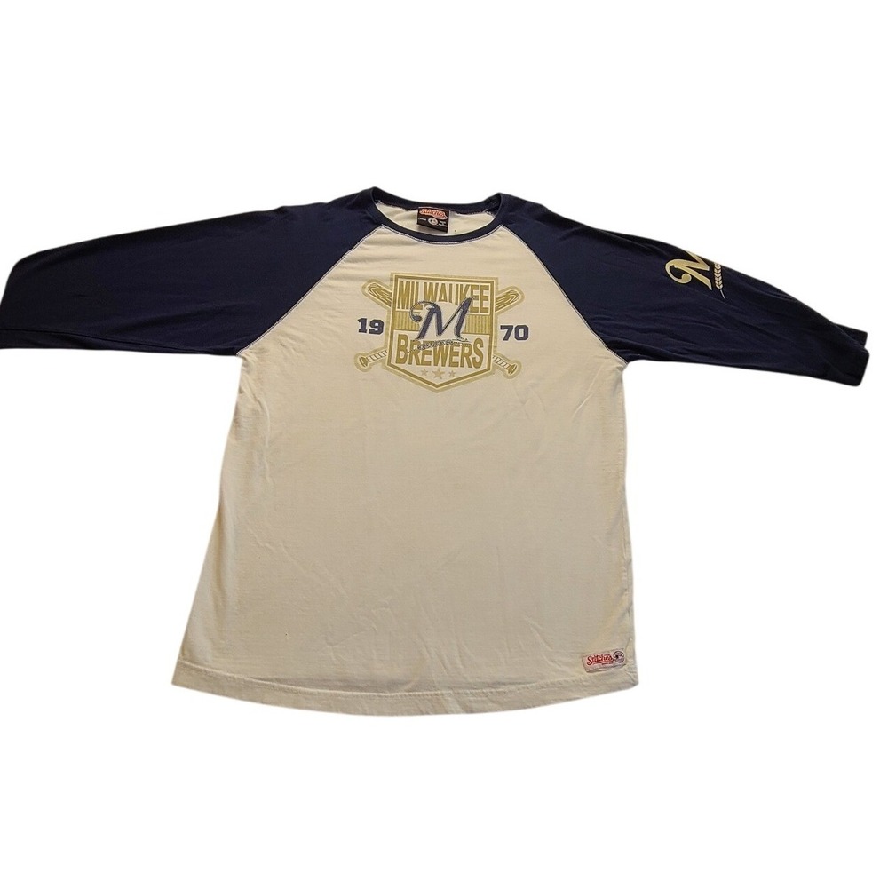 Stitches Milwaukee Brewers Raglan Baseball Shirt Mens Large Navy Cream 1970 Logo